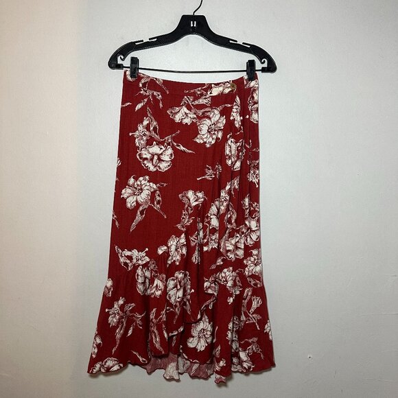 ZARA Red Floral Ruffle Midi Skirt – Size Small - Picture 1 of 10